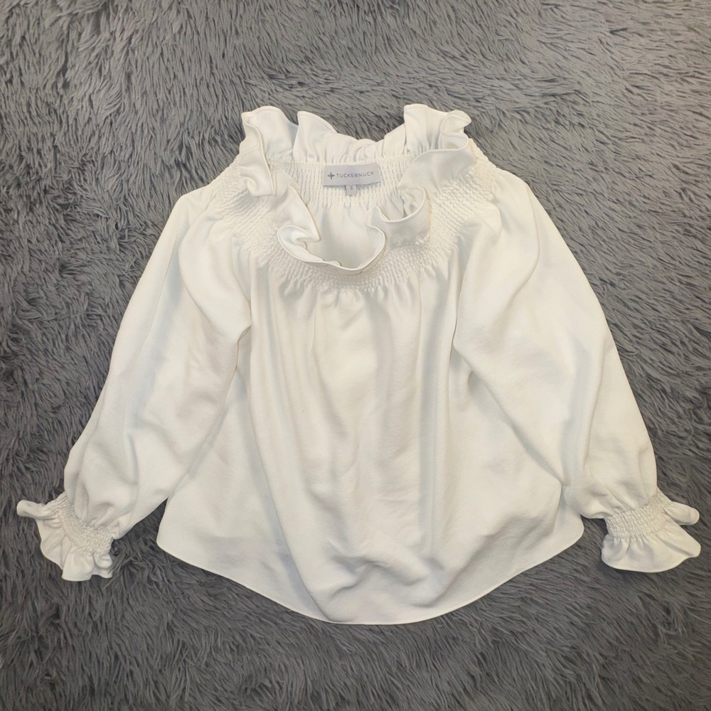 Tuckernuck Top‎ Women's S Marguerite Smocked Off Shoulder Ruffle Blouse White - Picture 7 of 14